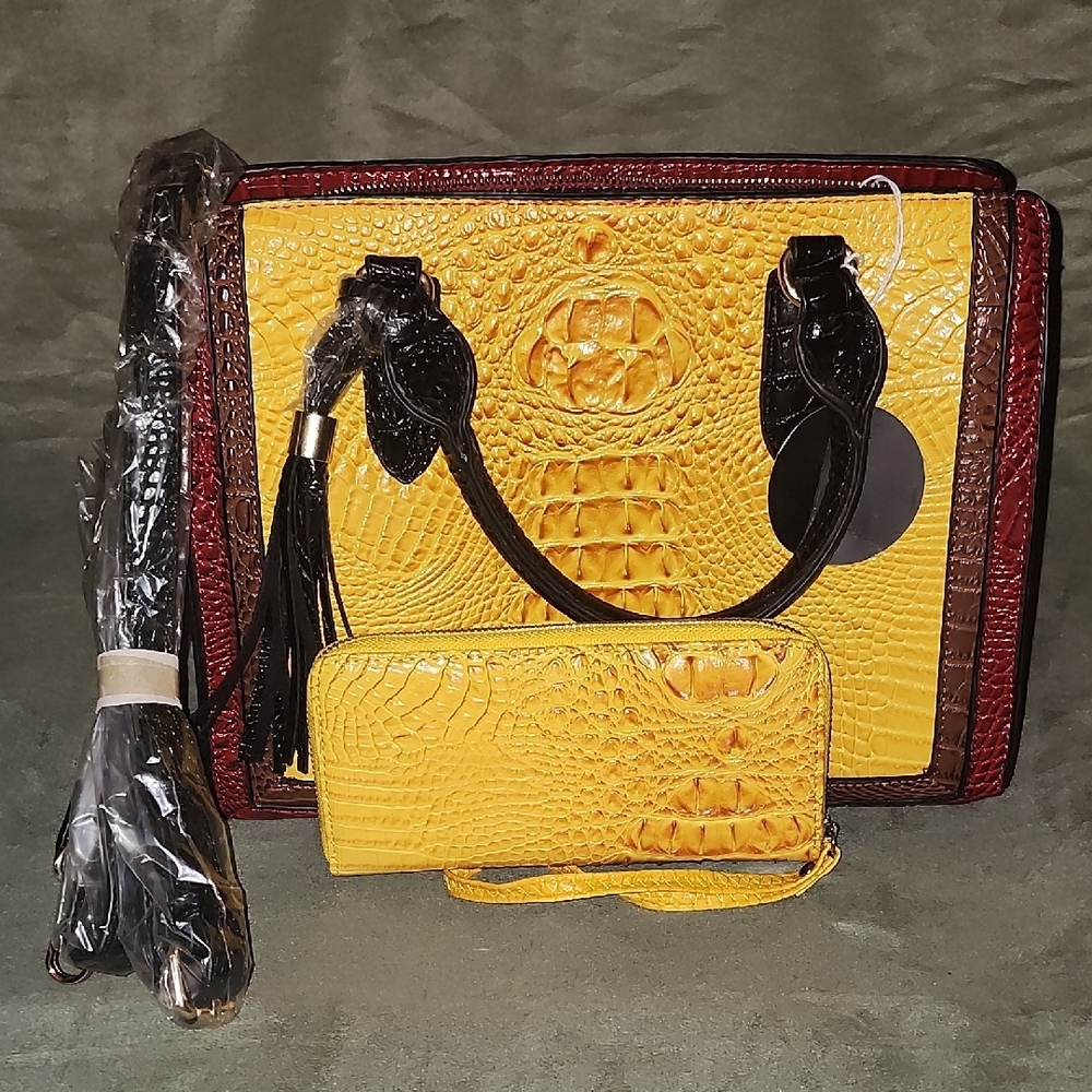 Purse & Wallet Set Yellow and Brown Croc-Embossed Women's - Picture 1 of 4